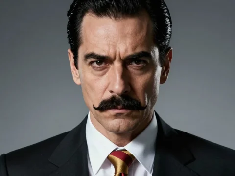 Intense Businessman with Classic Mustache in Formal Suit