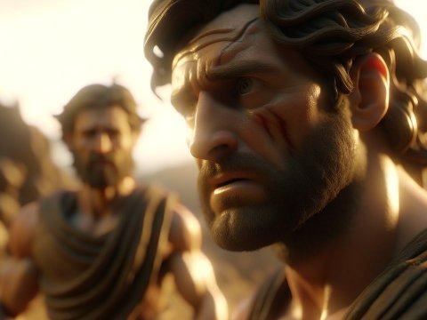 Intense Close-Up of Scarred Warrior in Ancient Setting