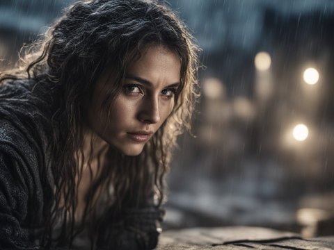 Intense Close-Up of Woman in Rainy Night
