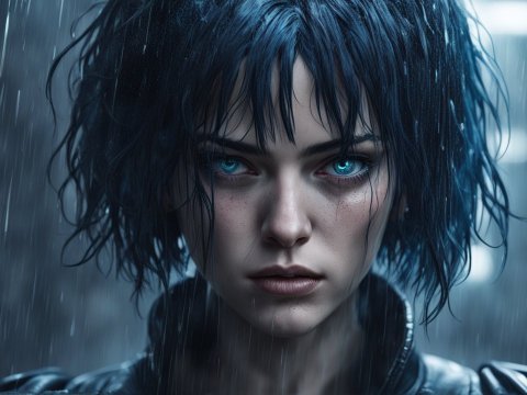 Intense Cyberpunk Woman with Blue Hair in the Rain