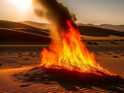 Intense Fire Burning in Desert Sand Dunes at Sunset