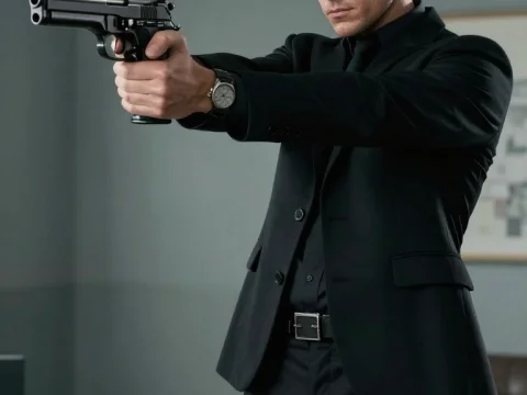 Intense Man in Black Suit Aiming Pistol