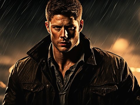 Intense Portrait of a Man in Rainy Night