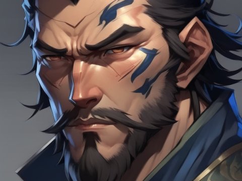 Intense Portrait of a Warrior with Tribal Tattoos