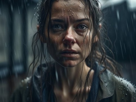 Intense Portrait of a Woman in the Rain