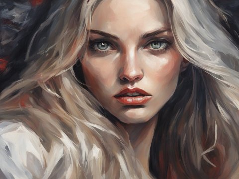 Intense Portrait of a Woman with Flowing Blonde Hair