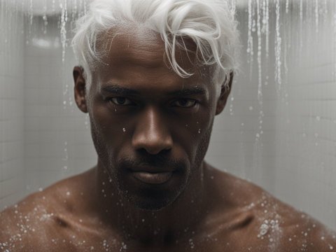 Intense Portrait of Man with White Hair in Shower
