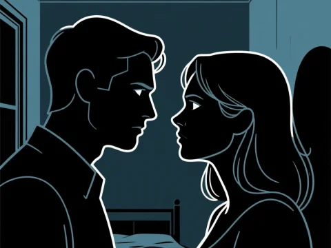 Intense Stare Between Silhouetted Couple in Dark Room