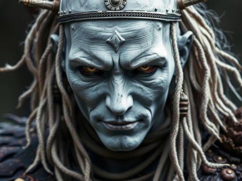 Intense Tribal Warrior with White Skin and Ornate Helmet