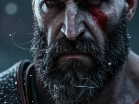 Intense Warrior in Snowstorm