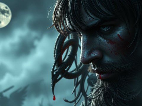 Intense Warrior Under a Full Moon