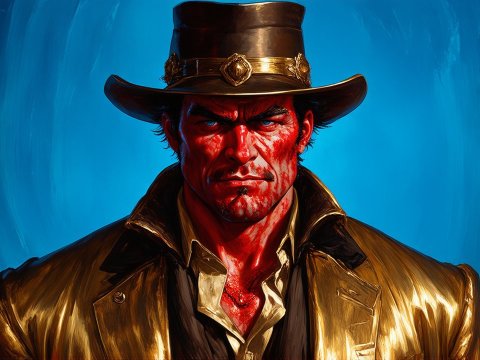 Intense Western Gunslinger in Burnished Gold Coat