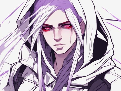 Intense White-Haired Elf with Red Eyes in Hooded Cloak