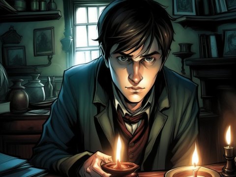 Intense Young Man in Candlelit Room