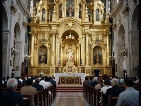 Interior of a Golden Baroque Church with Congregation