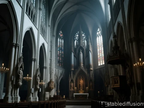Interior of a Gothic Catholic Cathedral with Stained Glass