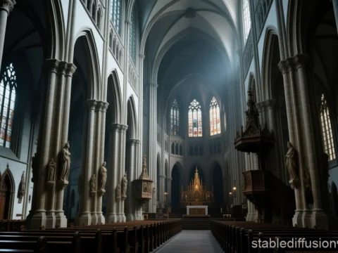 Interior of a Gothic Catholic Cathedral with Stained Glass Windows