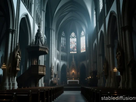 Interior of a Gothic Catholic Cathedral with Stained Glass Windows