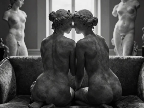 Intimate Marble Statues in Classic Museum Setting