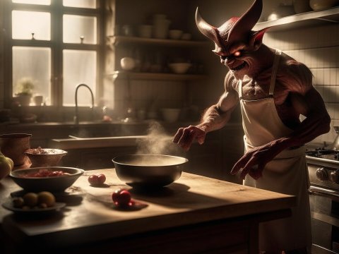 Intimidating Demon Chef Cooking in a Dimly Lit Kitchen