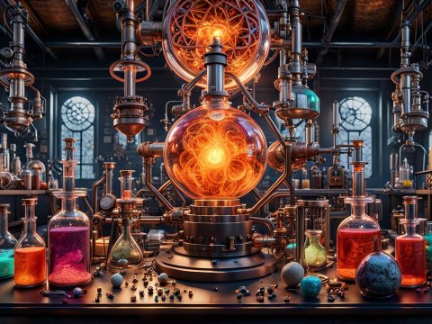 Intricate 3D Render of a Steampunk Alchemy Lab