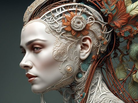 Intricate 3D Render of a Woman with Ornate Floral Headpiece