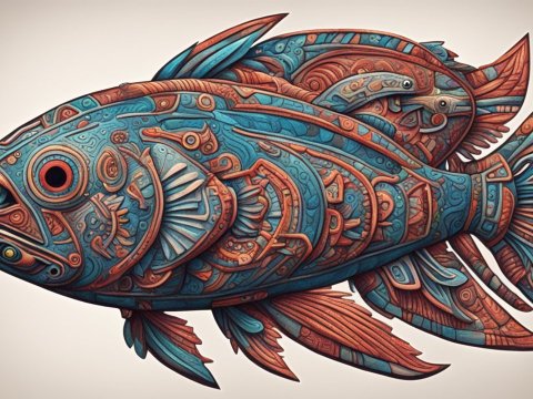 Intricate Aztec-Inspired Fish Totem Illustration