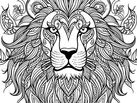 Intricate Black and White Lion Line Art