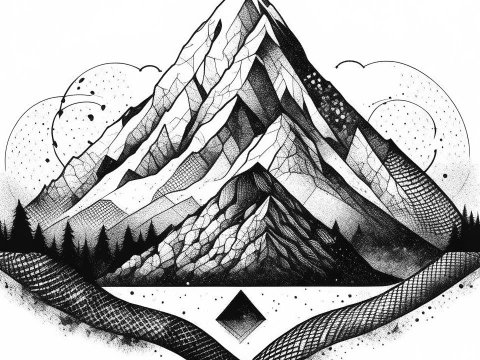 Intricate Black and White Mountain Illustration