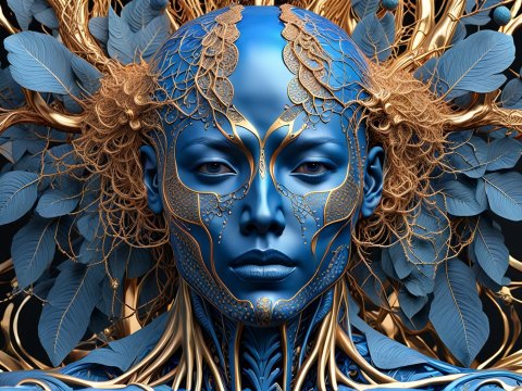 Intricate Blue and Gold Futuristic Female Portrait