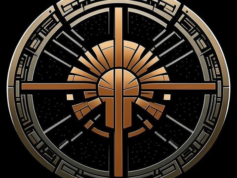 Intricate Bronze Geometric Emblem on Black Background