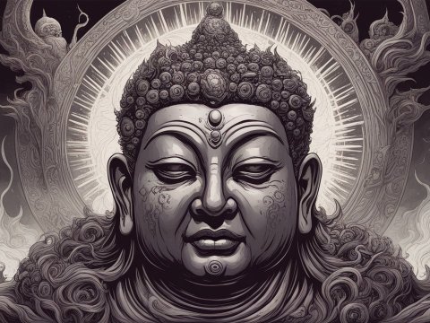 Intricate Dark Buddha Illustration with Mystical Aura