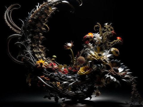 Intricate Dark Floral Sculpture with Dramatic Lighting
