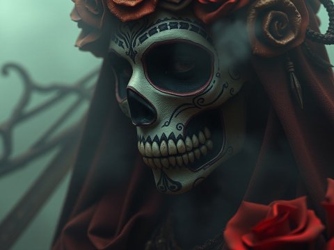 Intricate Day of the Dead Skull with Red Roses and Cloak