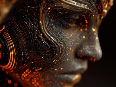 Intricate Futuristic Cyborg Face with Glowing Details