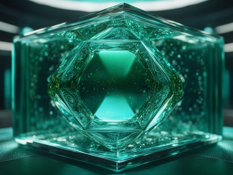 Intricate Glass Cube with Geometric Patterns in Futuristic Setting