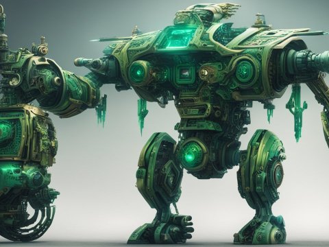 Intricate Green Aztec-Inspired Robot with Mechanical Arm