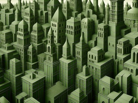 Intricate Green Monochrome Cityscape Illustration