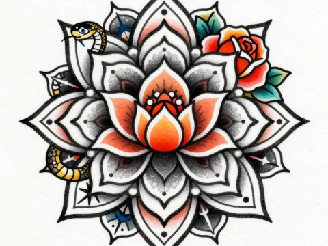 Intricate Lotus Mandala Tattoo Design with Snake and Rose
