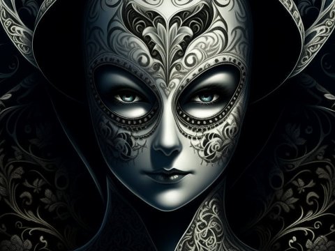Intricate Masked Portrait with Ornate Floral Patterns