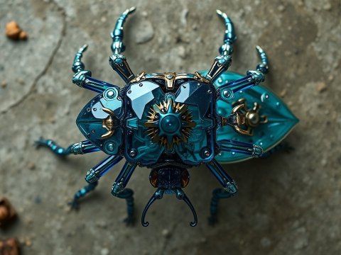Intricate Metallic Blue Mechanical Beetle on Stone Surface