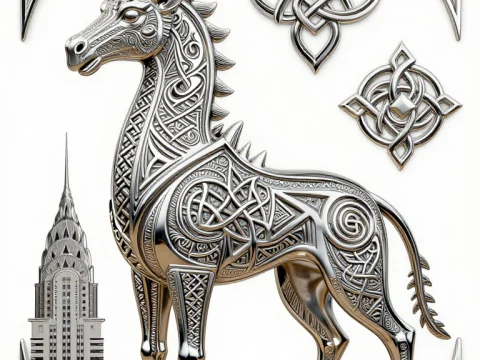 Intricate Metallic Celtic Dragon Sculpture with Architectural Motif