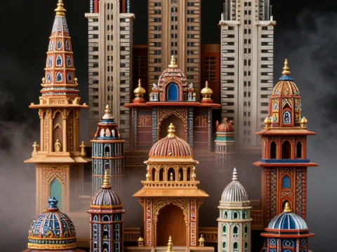 Intricate Miniature Indian City Model with Diverse Architectural Styles