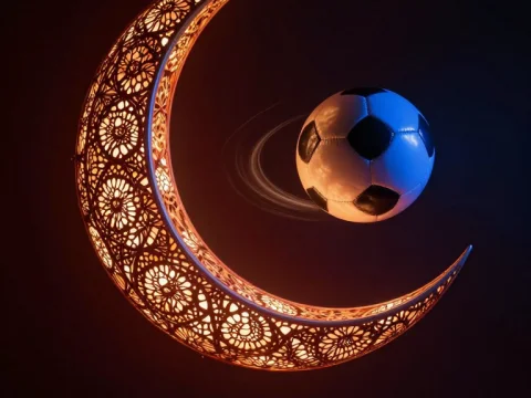 Intricate Moon Lantern Orbiting a Soccer Ball