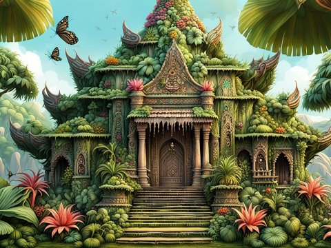 Intricate Overgrown Temple in Lush Jungle