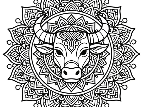Intricate Ox Mandala Line Art