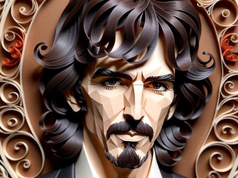 Intricate Paper Art Portrait of a Man with Curly Hair and Beard