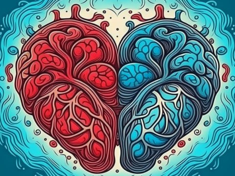 Intricate Red and Blue Heart-Brain Fusion Illustration