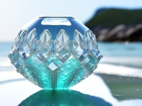 Intricate Silver Crystal Sculpture by the Seashore