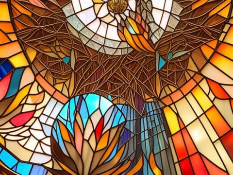 Intricate Stained Glass Window with Floral and Geometric Patterns